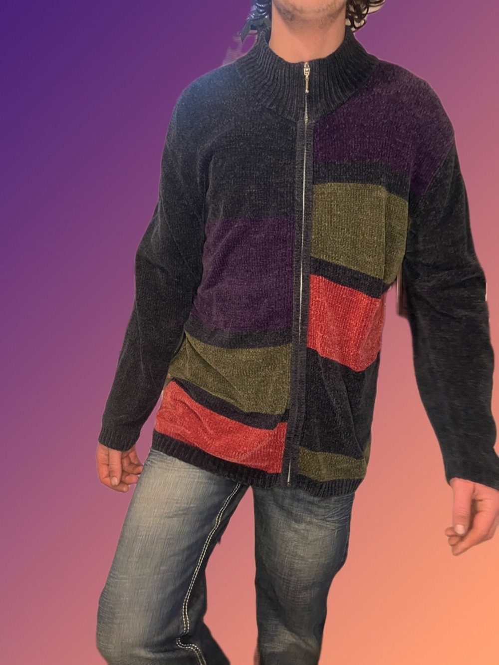 Vintage Mens Color Block Knit Zip-Up Jacket – Black Red Green Purple